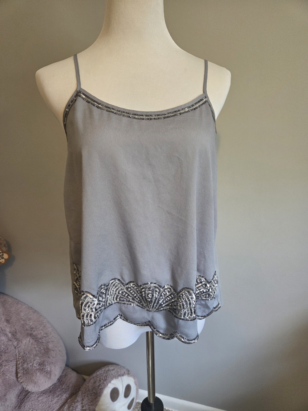 Express Silver Gray Beaded Scallop Hem Tank
